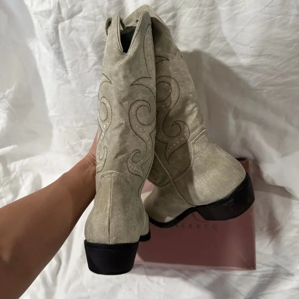 American Rag White Suede Mid Calf Boots Western Cowboy Boho Size 10 Country